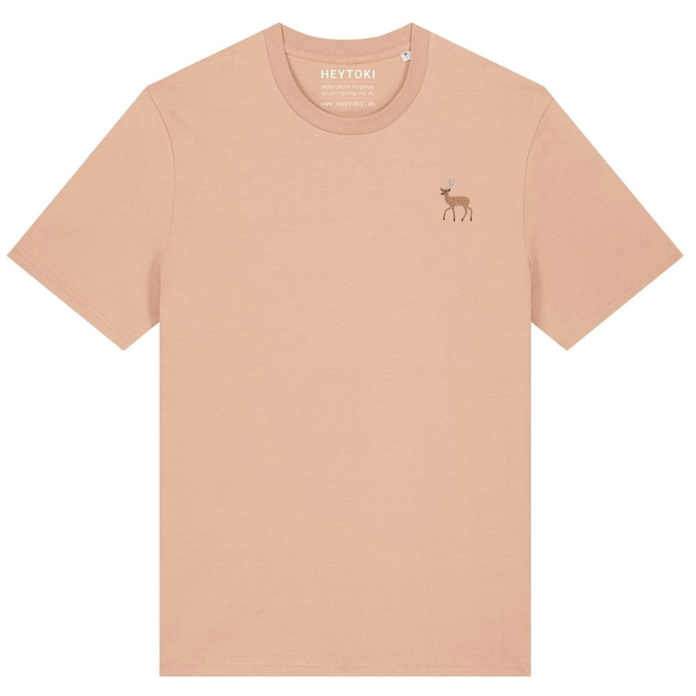 Hirsch T-Shirt aus Bio-Baumwolle in Fraiche Peche mit gesticktem Eckhard, Vorderansicht