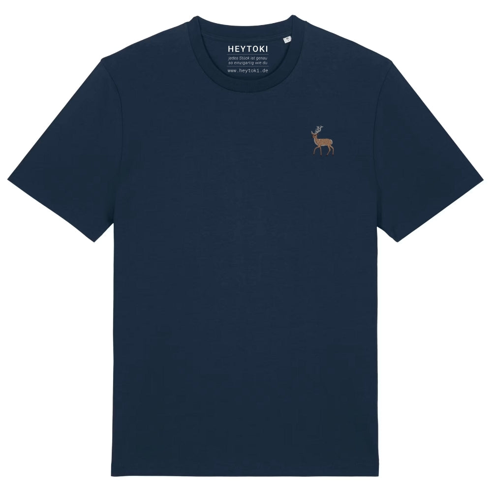 Hirsch T-Shirt aus Bio-Baumwolle in French Navy mit gesticktem Eckhard, Vorderansicht
