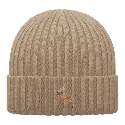 Kids Hirsch Beanie aus Bio-Baumwolle in Biscuit mit gesticktem Eckhard, Vorderansicht