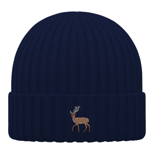 Kids Hirsch Beanie aus Bio-Baumwolle in Oxford Navy mit gesticktem Eckhard, Vorderansicht