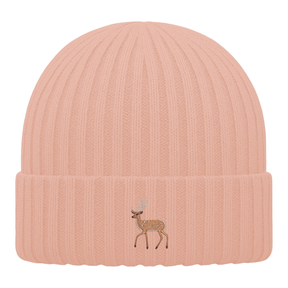 Kids Hirsch Beanie aus Bio-Baumwolle in Peach mit gesticktem Eckhard, Vorderansicht