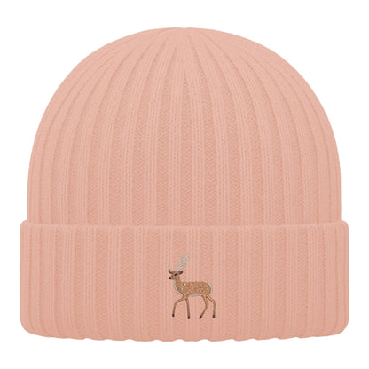 Kids Hirsch Beanie aus Bio-Baumwolle in Peach mit gesticktem Eckhard, Vorderansicht