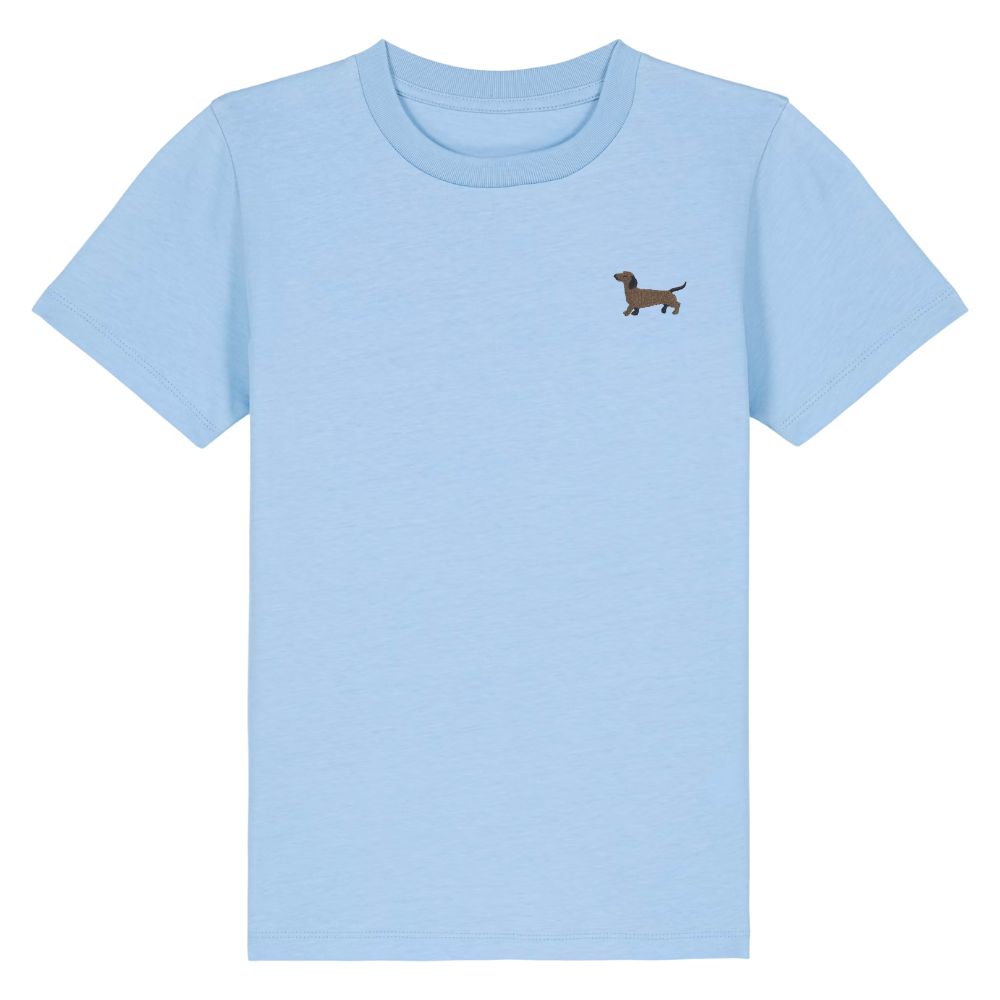 Kinder T Shirt mit gesticktem Dackel Motiv aus Bio Baumwolle in blau
