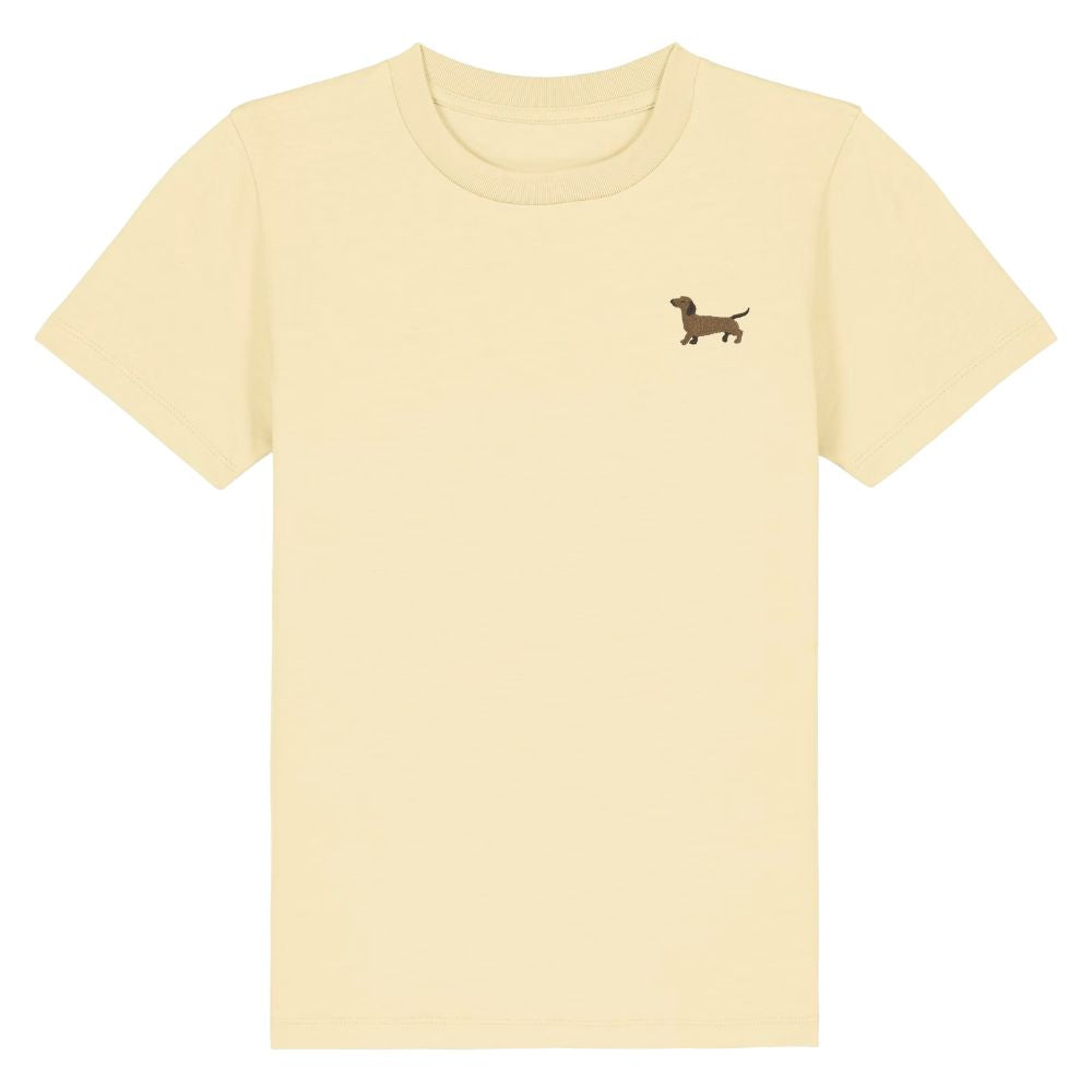 Kinder T Shirt mit gesticktem Dackel Motiv aus Bio Baumwolle in buttergelb