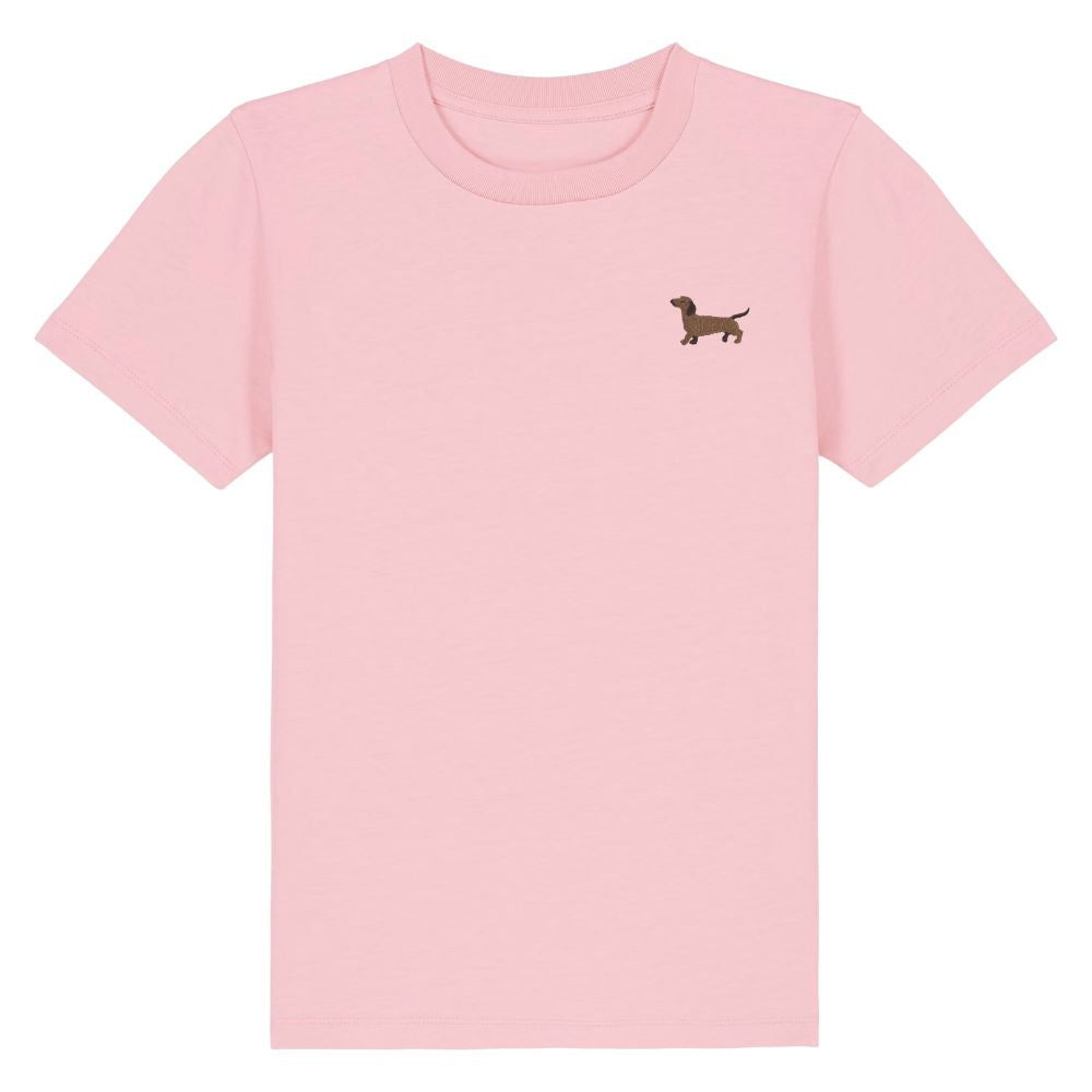 Kinder T Shirt mit gesticktem Dackel Motiv aus Bio Baumwolle in rosa