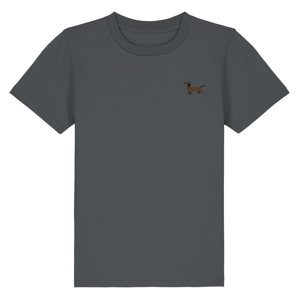 Kinder T Shirt mit gesticktem Dackel Motiv aus Bio Baumwolle in grau