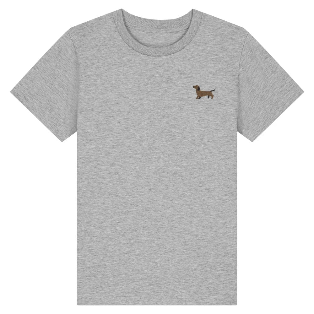 Kinder T Shirt mit gesticktem Dackel Motiv aus Bio Baumwolle in hellgrau meliert