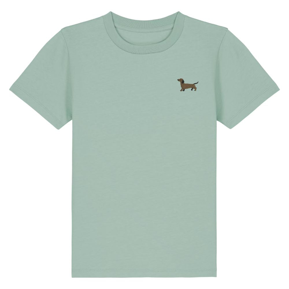 Kinder T Shirt mit gesticktem Dackel Motiv aus Bio Baumwolle in karibikblau
