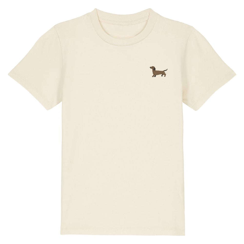 Kinder T Shirt mit gesticktem Dackel Motiv aus Bio Baumwolle in cremeweiß