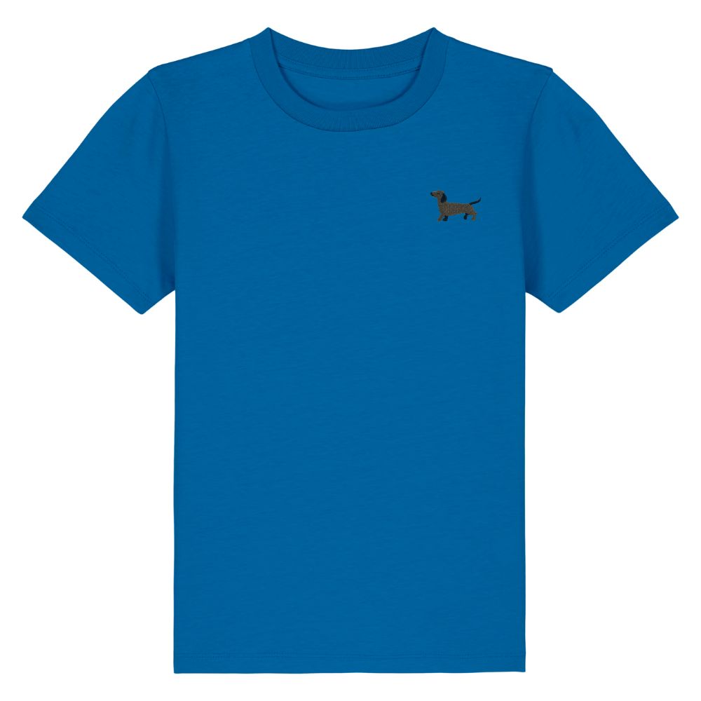 Kinder T Shirt mit gesticktem Dackel Motiv aus Bio Baumwolle in royalblau
