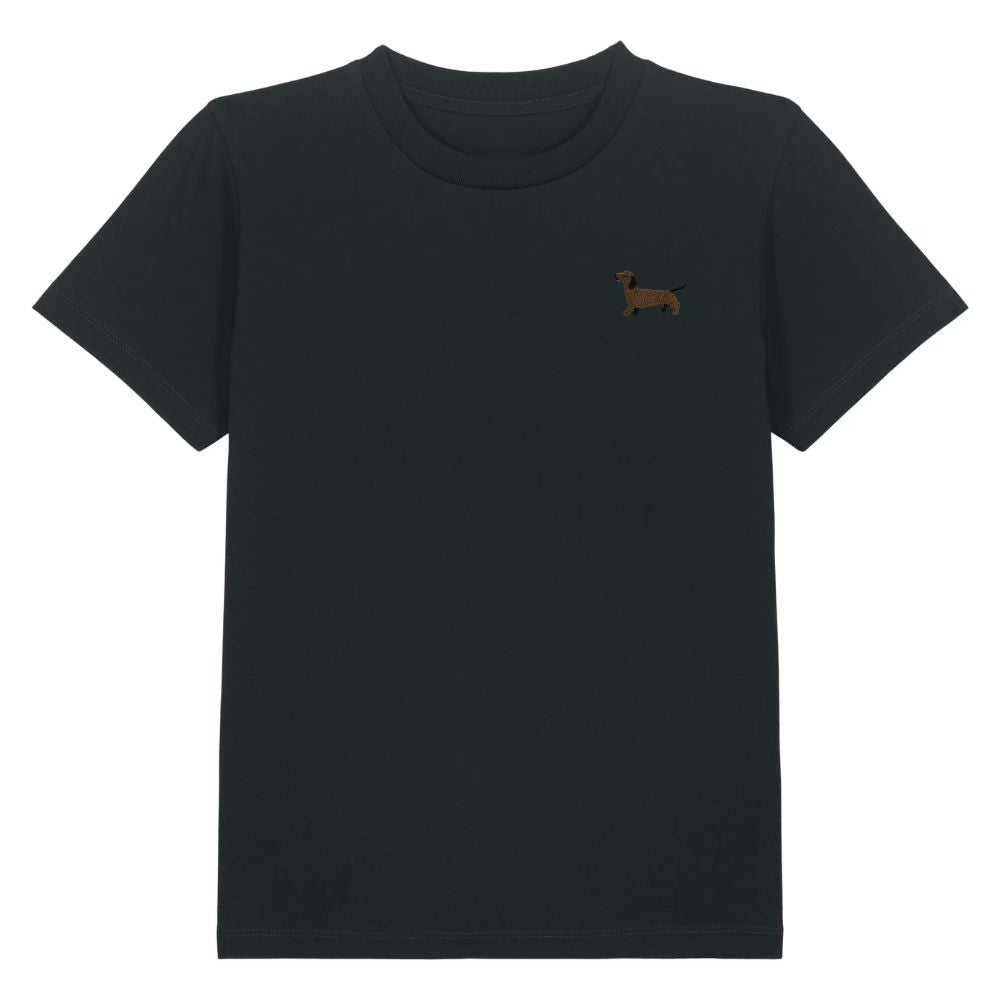 Kinder T Shirt mit gesticktem Dackel Motiv aus Bio Baumwolle in schwarz