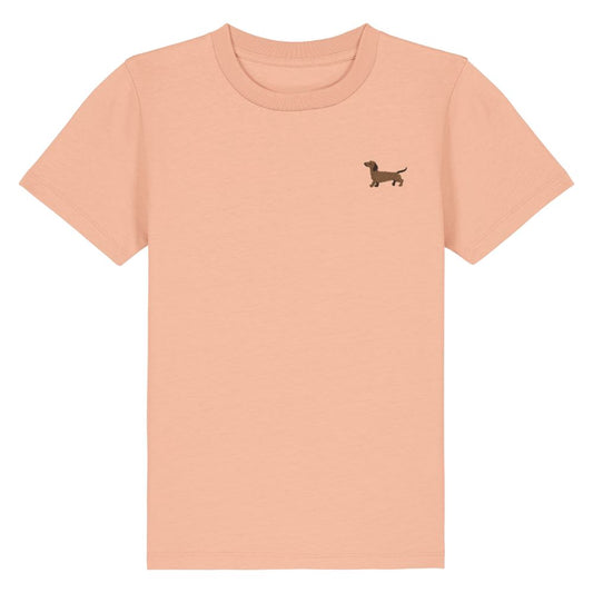 Kinder T Shirt mit gesticktem Dackel Hermann aus Bio Baumwolle in Farbe Pfirsich