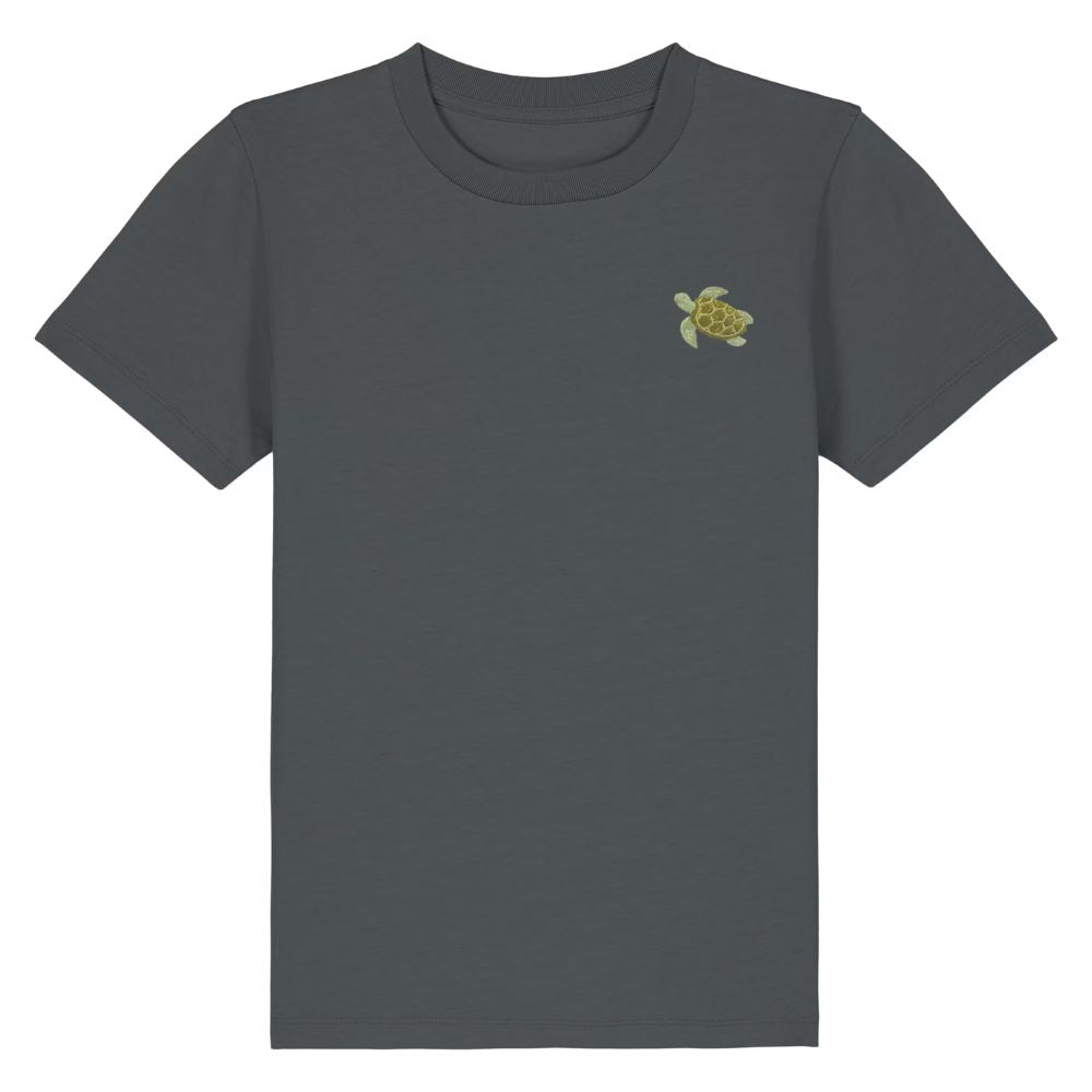 Kinder T Shirt mit gesticktem Schildkröten Motiv aus Bio Baumwolle in anthrazit