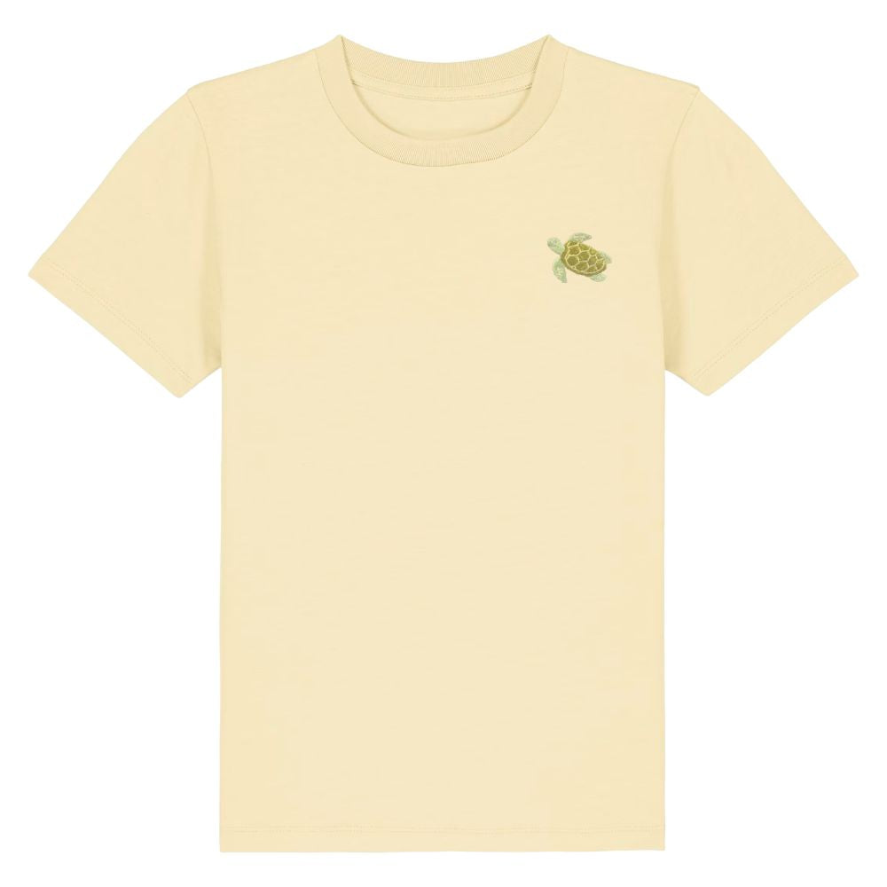 Kinder T Shirt mit gesticktem Schildkröten Motiv aus Bio Baumwolle in buttergelb
