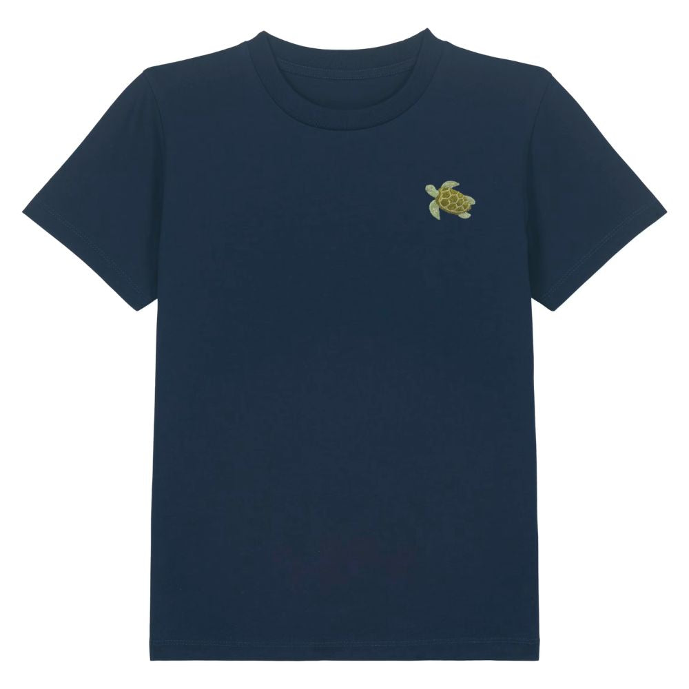 Kinder T Shirt mit gesticktem Schildkröten Motiv aus Bio Baumwolle in dunkelblau