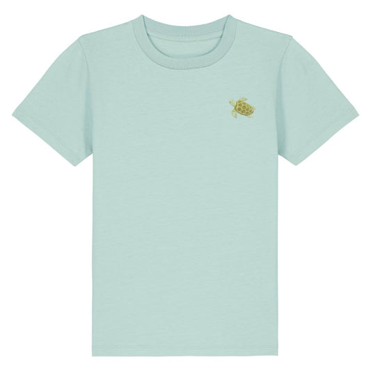 Kinder T Shirt mit gesticktem Schildkröten Motiv aus Bio Baumwolle in karibikblau