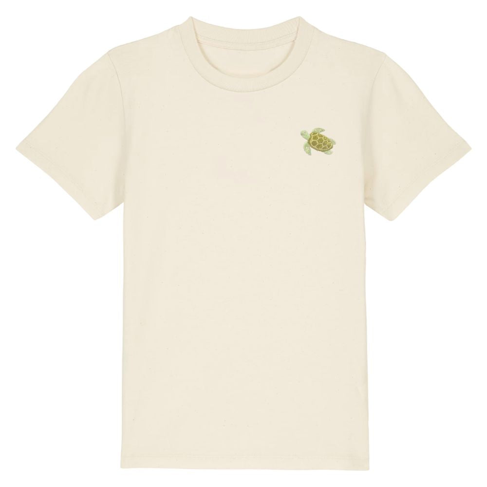 Kinder T Shirt mit gesticktem Schildkröten Motiv aus Bio Baumwolle in cremeweiß 
