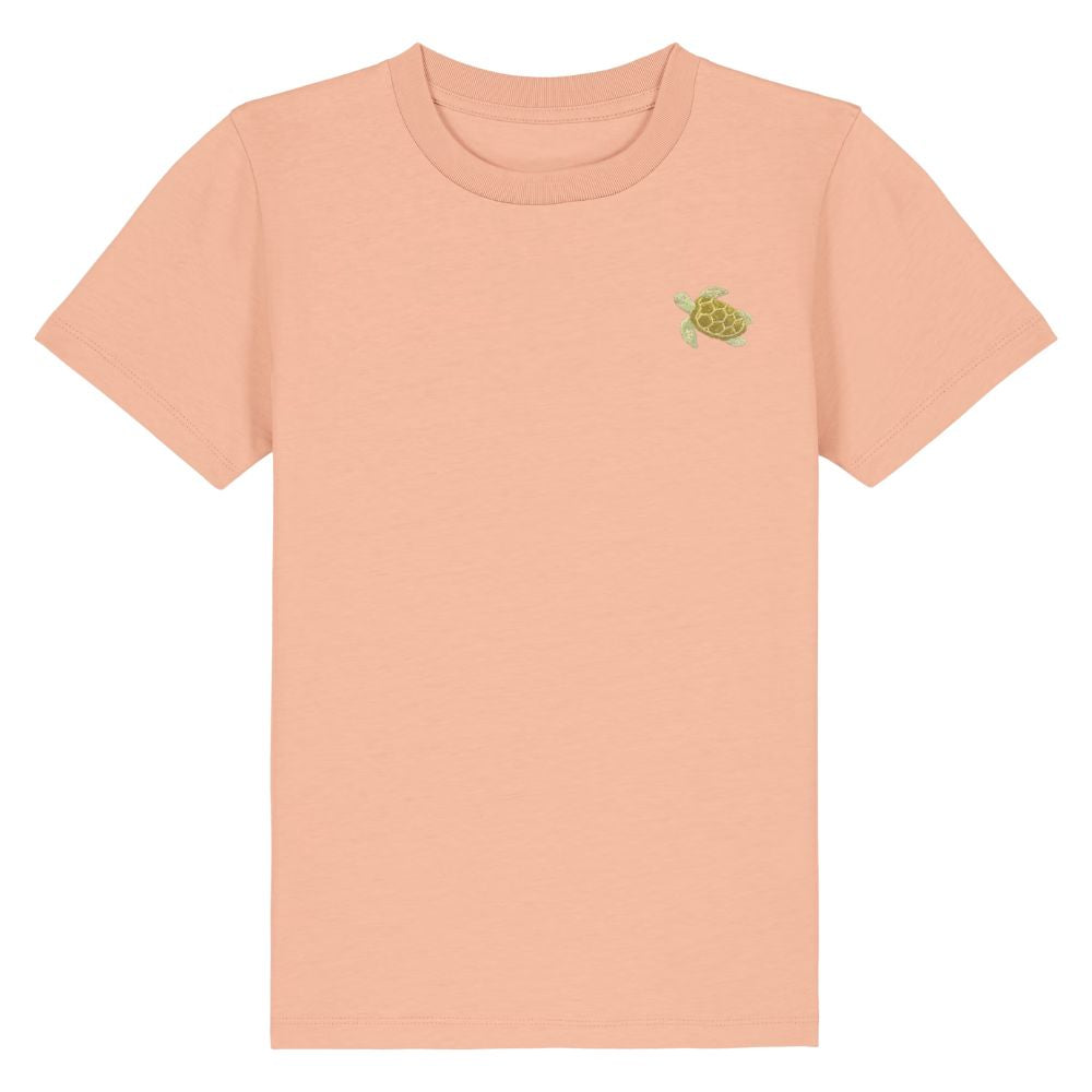 Kinder T Shirt mit gesticktem Schildkröten Motiv aus Bio Baumwolle in pfirsich