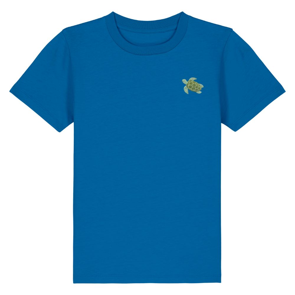 Kinder T Shirt mit gesticktem Schildkröten Motiv aus Bio Baumwolle in royalblau