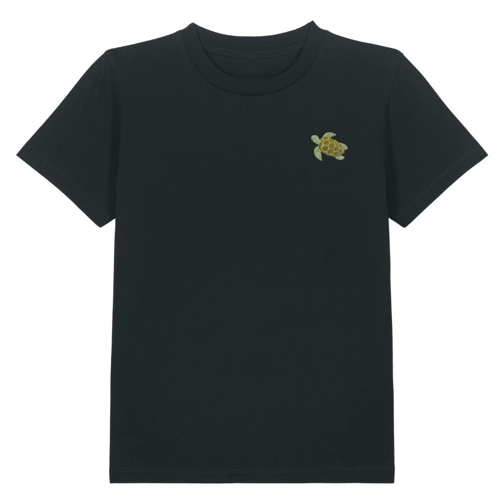 Kinder T Shirt mit gesticktem Schildkröten Motiv aus Bio Baumwolle in schwarz