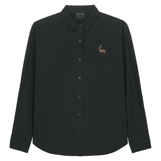Leichtes Hirsch Herren Baumwoll-Hemd in Black mit gesticktem Eckhard, Vorderansicht