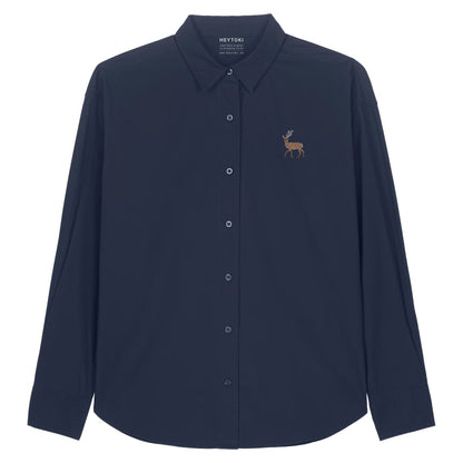 Leichtes Hirsch Herren Baumwoll-Hemd in French Navy mit gesticktem Eckhard, Vorderansicht