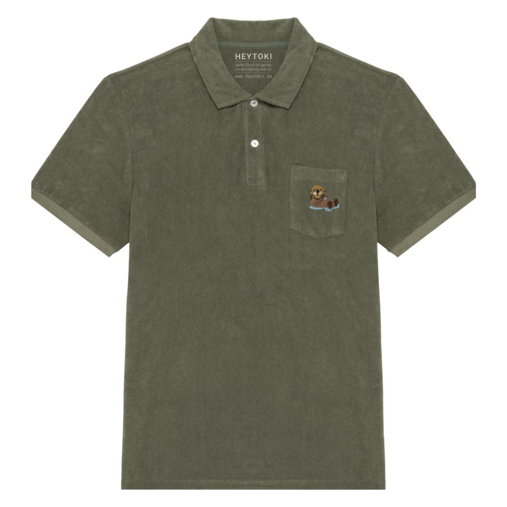 Otter Frottee Polo-Shirt für Herren in Dark Olive aus Bio-Baumwolle mit Otter Stickerei auf der Brusttasche