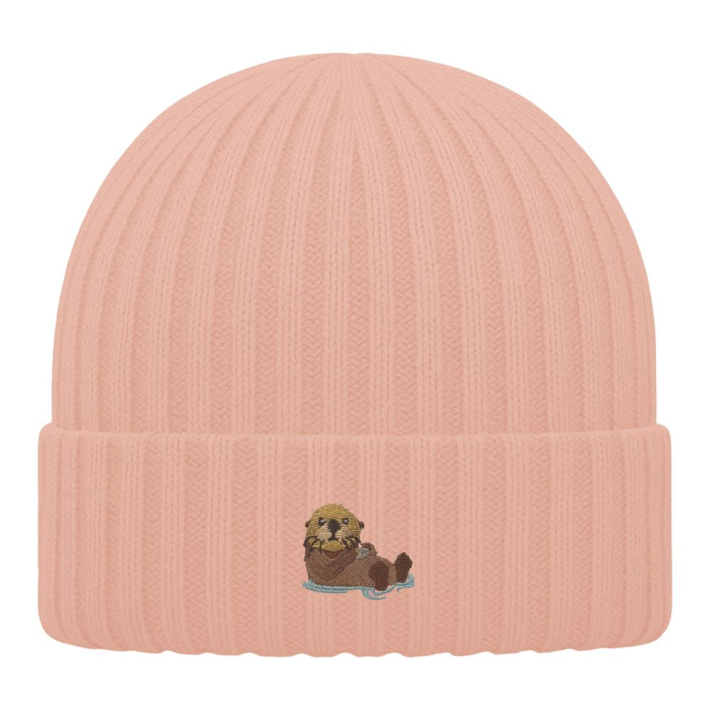 Kinder Mütze Bio-Baumwolle mit Otter Stick in pfirsich orange 