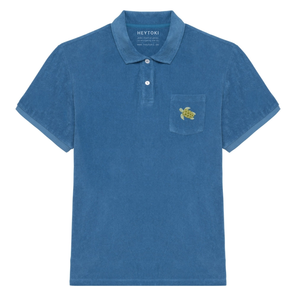Blaues Frottee Poloshirt für Herren aus Bio Baumwolle mit gestickter Schildkröte Nacho auf der Brust