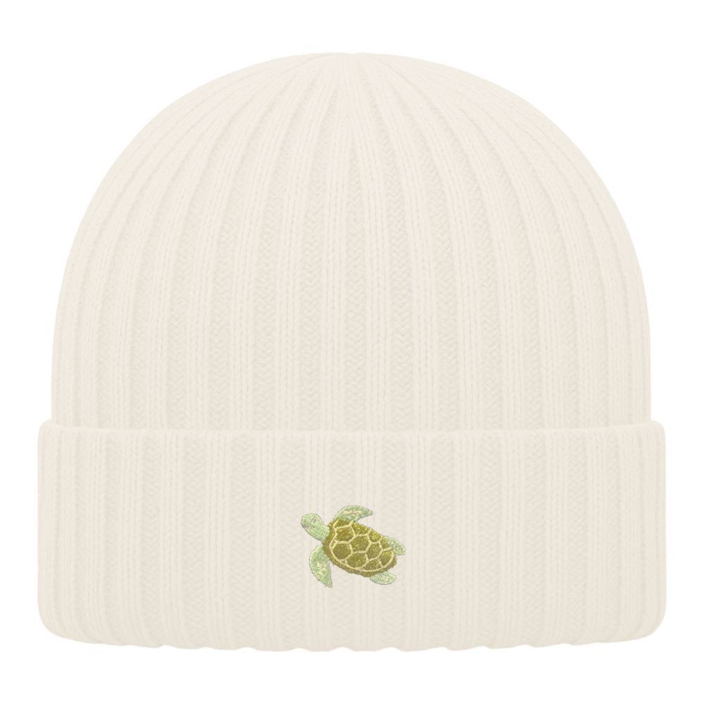 Kinder Mütze Bio-Baumwolle mit Schildkröten Stick Cremeweiß