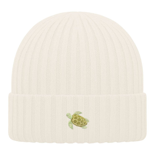 Kinder Mütze Bio-Baumwolle mit Schildkröten Stick Cremeweiß
