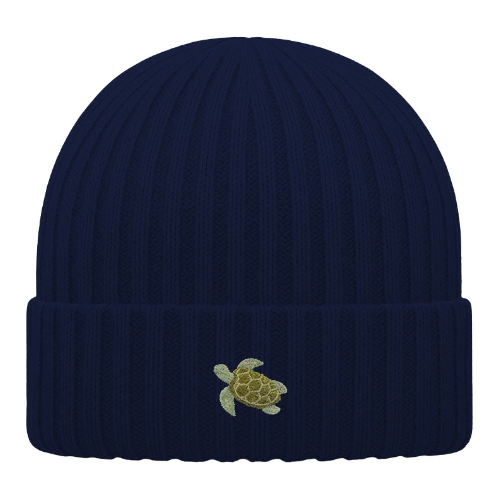Kinder Mütze Bio-Baumwolle mit Schildkröten Stick in dunkelblau 