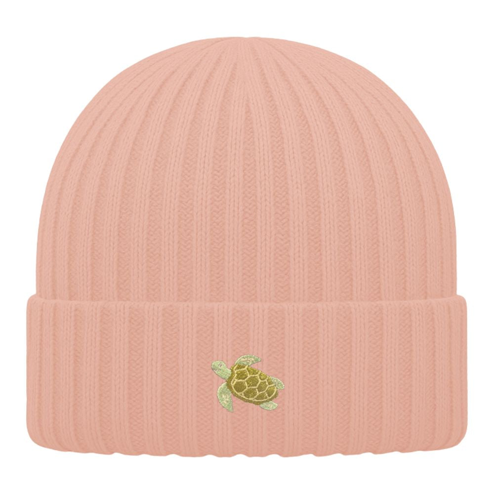 Kinder Mütze Bio-Baumwolle mit Schildkröten Stick in pfirsich orange